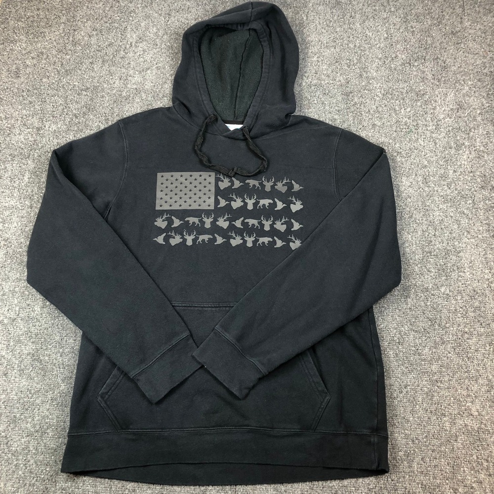 Columbia‎ PFG Hoodie Mens Medium Black Hunting American Flag Deer Duck Pullover